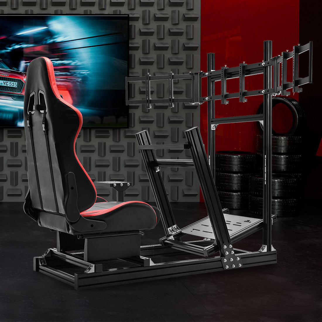 Zootopo 8040 Aluminum Profile Racing Simulaor Cockpit with Red Seat & Triple Display Stand Fit for Logitech/Thrustmaster/Fanatec G920,G923&T80 Professional,F1 Trunk,No Handbrake,Pedals,Steering Wheel