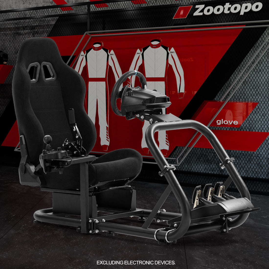 Zootopo Professional Racing Simulator Cockpit with Black Seat, Fit for Logitech G920/Thrustmaster/Moza, Streamlined Dual-arm Design, No Wheel, Pedals, Handbrake, and Monitor Stand