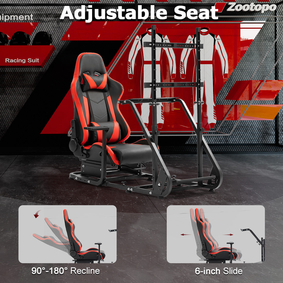 Zootopo Adjustable Sim Racing Cockpit with Red Seat Monitor Frame, Fit for Logitech/Thrustmaster/Fanatec G920 G923 G29 T80, Frame Double Arm Reinforcement, No Steering Wheel,Pedal,Handbra,Display