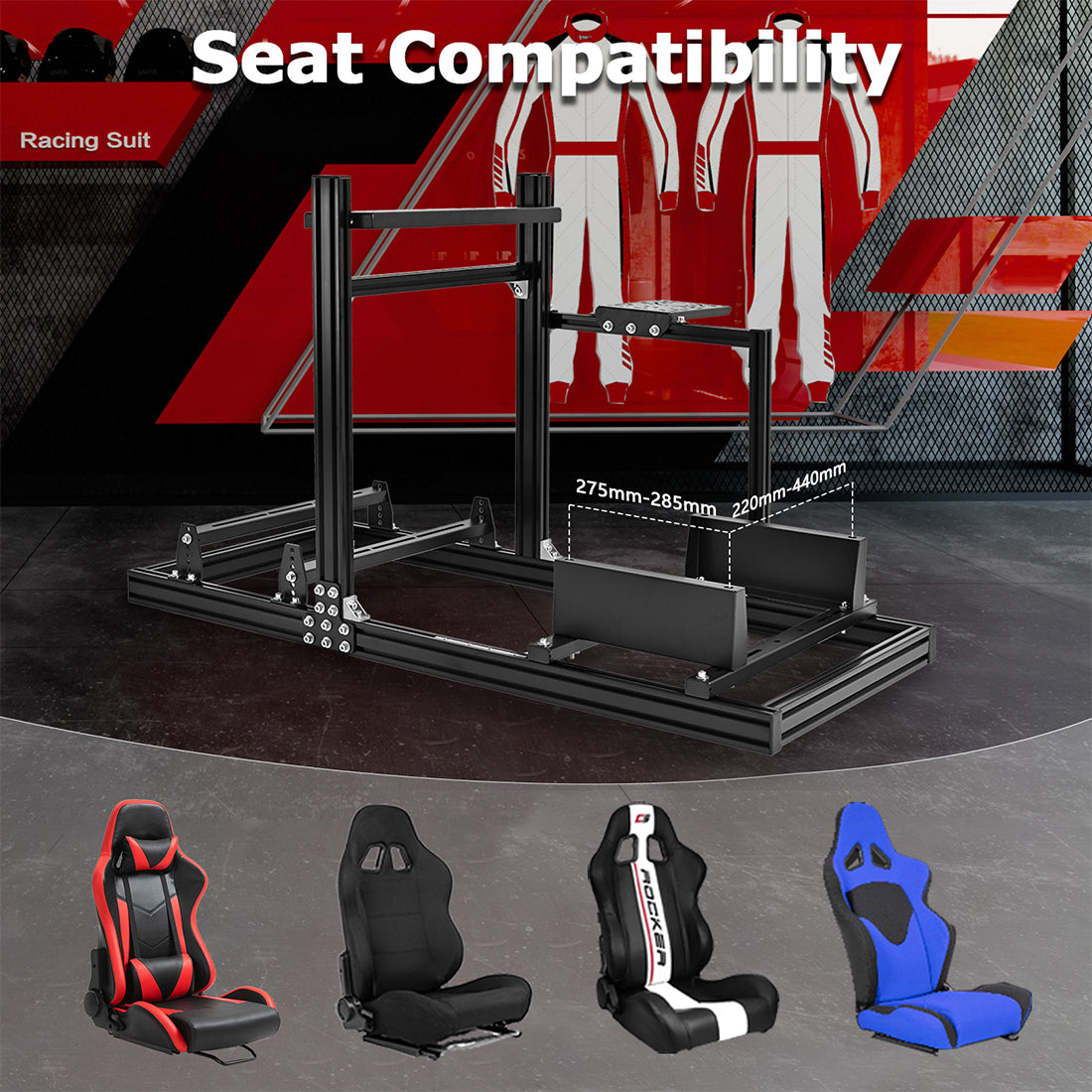 Zootopo 3060 Aluminum Profile Racing Simulator Cockpit, Infinitely Adjustable, Compatible with Thrustmaster/Fanatec/Logitech G29 steering wheels, specifically designed for the Sim Frame 3060 chassis. Does not include steering wheel, pedals, or handbrake