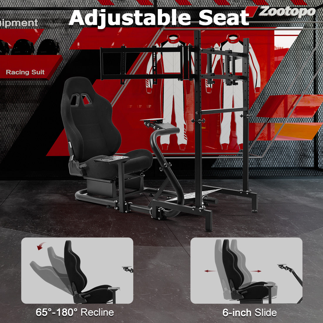 Zootopo Racing Simulator Cockpit With Triple Monitor Stand and Black Seat Suitable for Logitech/Thrustmaster T500RS TX G29 G920 G923 CSL-DD, Without Steering Wheel, Pedals, Handbrake