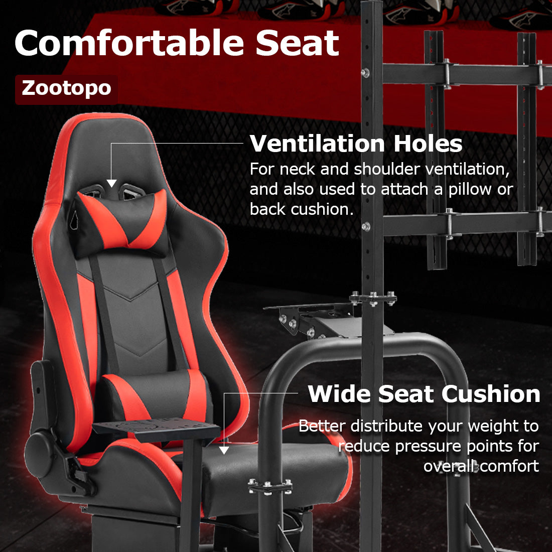 Zootopo Racing Cockpit with TV Stand & Red Seat Fit for Logitech, Thrustmaster,G27,G920,T500,Wheel Shifter Pedals Not Included