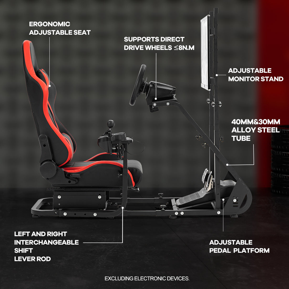 Zootopo Adjustable Sim Racing Cockpit with Red Seat Monitor Frame, Fit for Logitech/Thrustmaster/Fanatec G920 G923 G29 T80, Frame Double Arm Reinforcement, No Steering Wheel,Pedal,Handbra,Display
