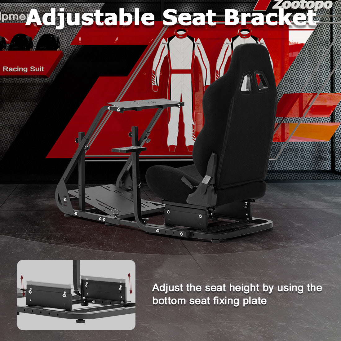 Zootopo Adjustable Sim Racing Cockpit with Black Seat, Fit for Logitech/Thrustmaster/Fanatec G920 G923 G29 Frame, Double Arm Reinforcement, No Steering Wheel, Pedal, Handbrake