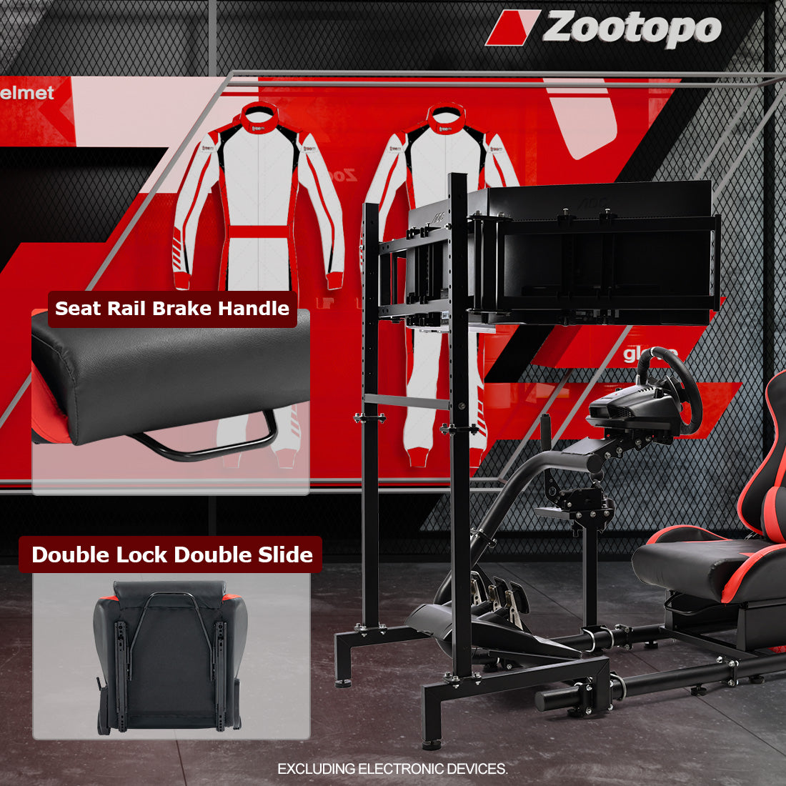 Zootopo Racing Simulator Cockpit with Triple Monitor Stand and Red Seat Suitable for Logitech/Thrustmaster T500RS TX G29 G920 G923 CSL-DD, Without Steering Wheel, Pedals, Handbrake