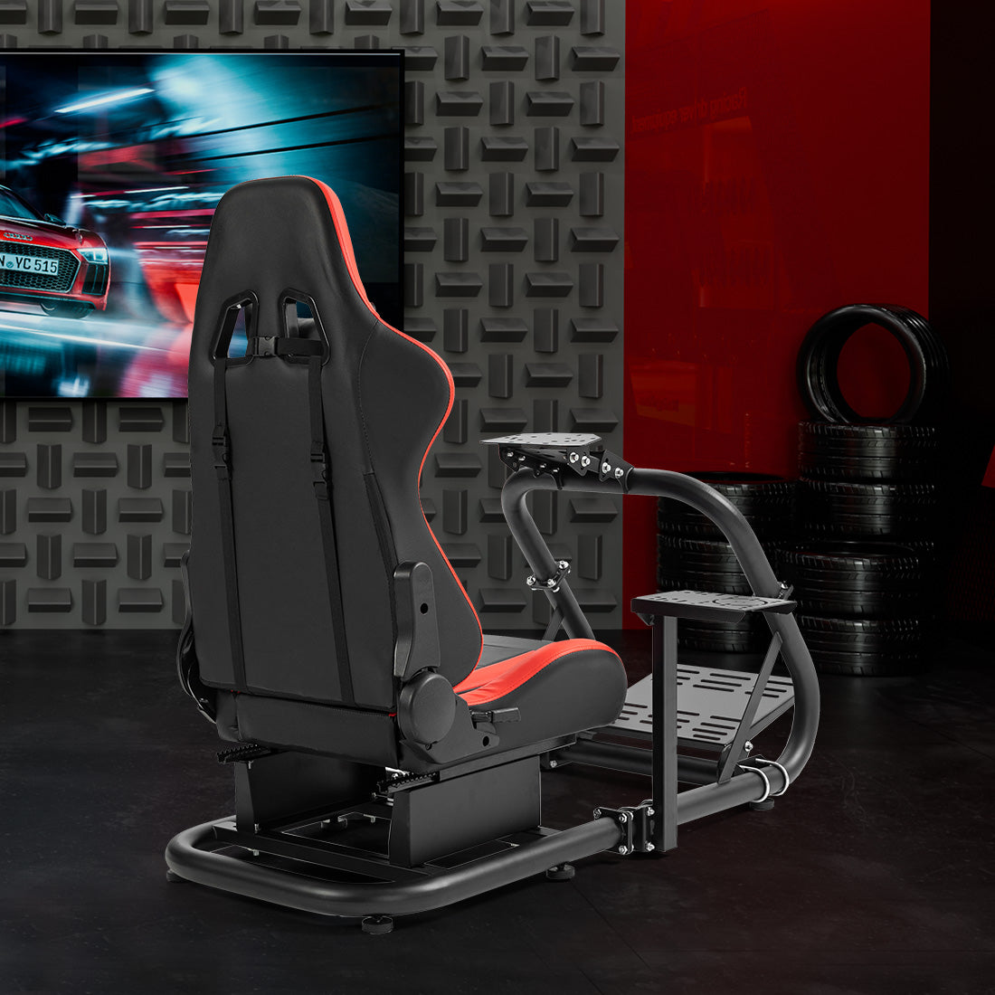 Zootopo Professional Racing Simulator Cockpit Frame with Red Seat, Fit for Logitech G920/Thrustmaster/Moza, Streamlined Dual-arm Design, No Wheel, Pedals, Handbrake and Monitor Stand