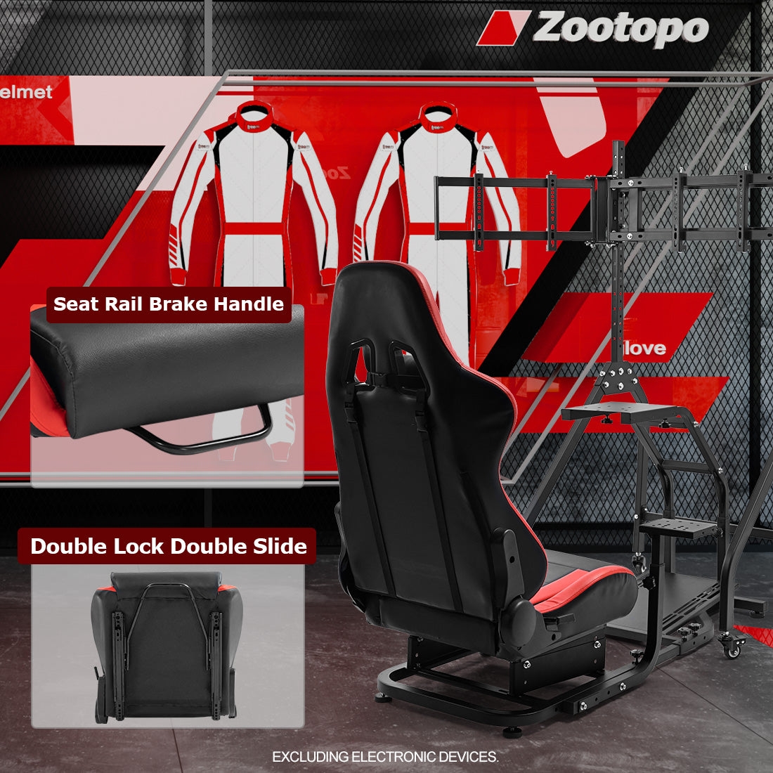 Zootopo Adjustable Racing Sim Cockpit with Red Seat Unobstructed Design for Both Legs Fit for Logitech/Thrustmaster G29 G923 G25 T80 T150 Racing Wheel Cockpit with Triple Monitor Stand Not Include Steering Wheel,Pedals,Handbrake