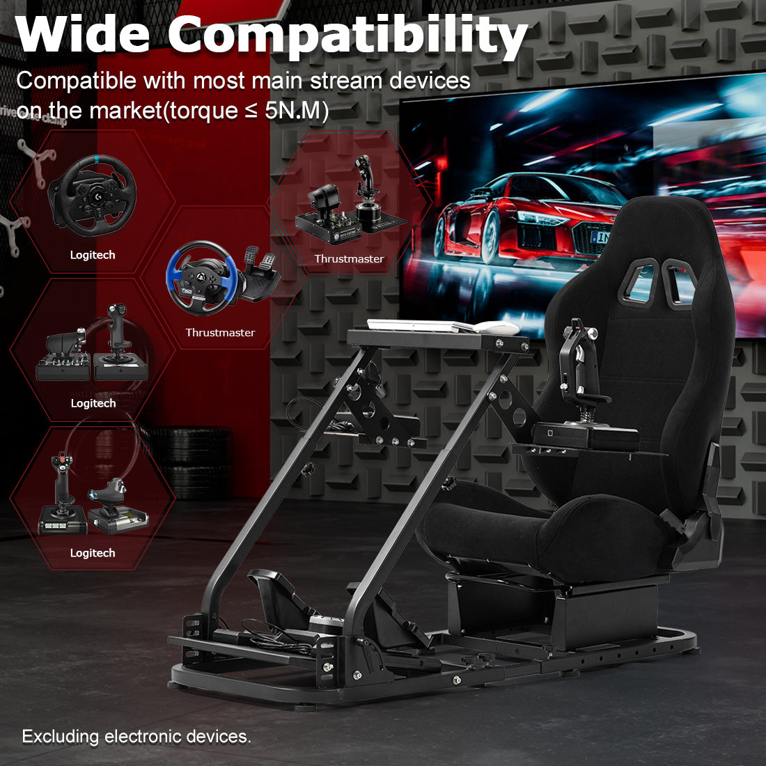 Zootopo Flight Simulator Cockpit with Black Seat Fit for Fanatec/Moza/Logitech X52 PRO/THRUSTMASTER A10,T.16000M FCS Adjustable Versatile,No Joystick,Handbrake,Shifter,Pedals,Steering Wheel,TV Mount