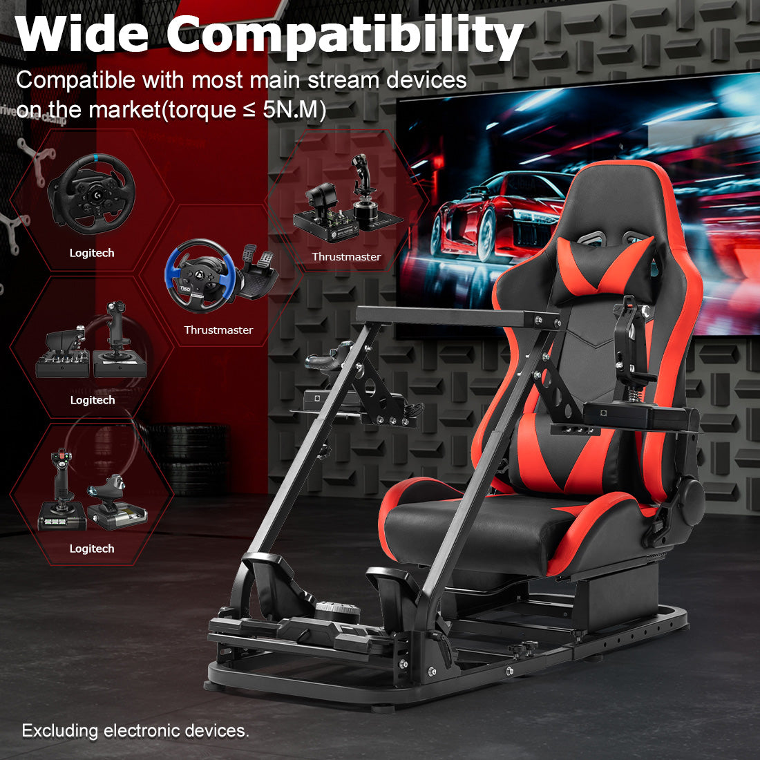 Zootopo Flight Simulator Cockpit with Red Seat Fit for Fanatec/Moza/Logitech X52 PRO/THRUSTMASTER A10,T.16000M FCS Adjustable Versatile,No Joystick,Handbrake,Shifter,Pedals,Steering Wheel,TV Mount
