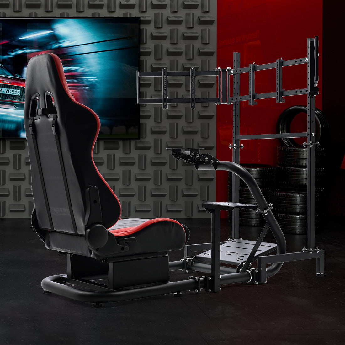 Zootopo Racing Simulator Cockpit with Triple Monitor Stand and Red Seat Suitable for Logitech/Thrustmaster T500RS TX G29 G920 G923 CSL-DD, Without Steering Wheel, Pedals, Handbrake