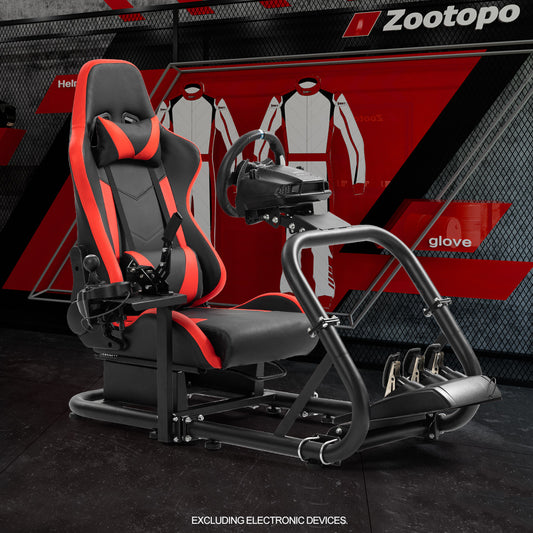 Zootopo Professional Racing Simulator Cockpit Frame with Red Seat, Fit for Logitech G920/Thrustmaster/Moza, Streamlined Dual-arm Design, No Wheel, Pedals, Handbrake and Monitor Stand