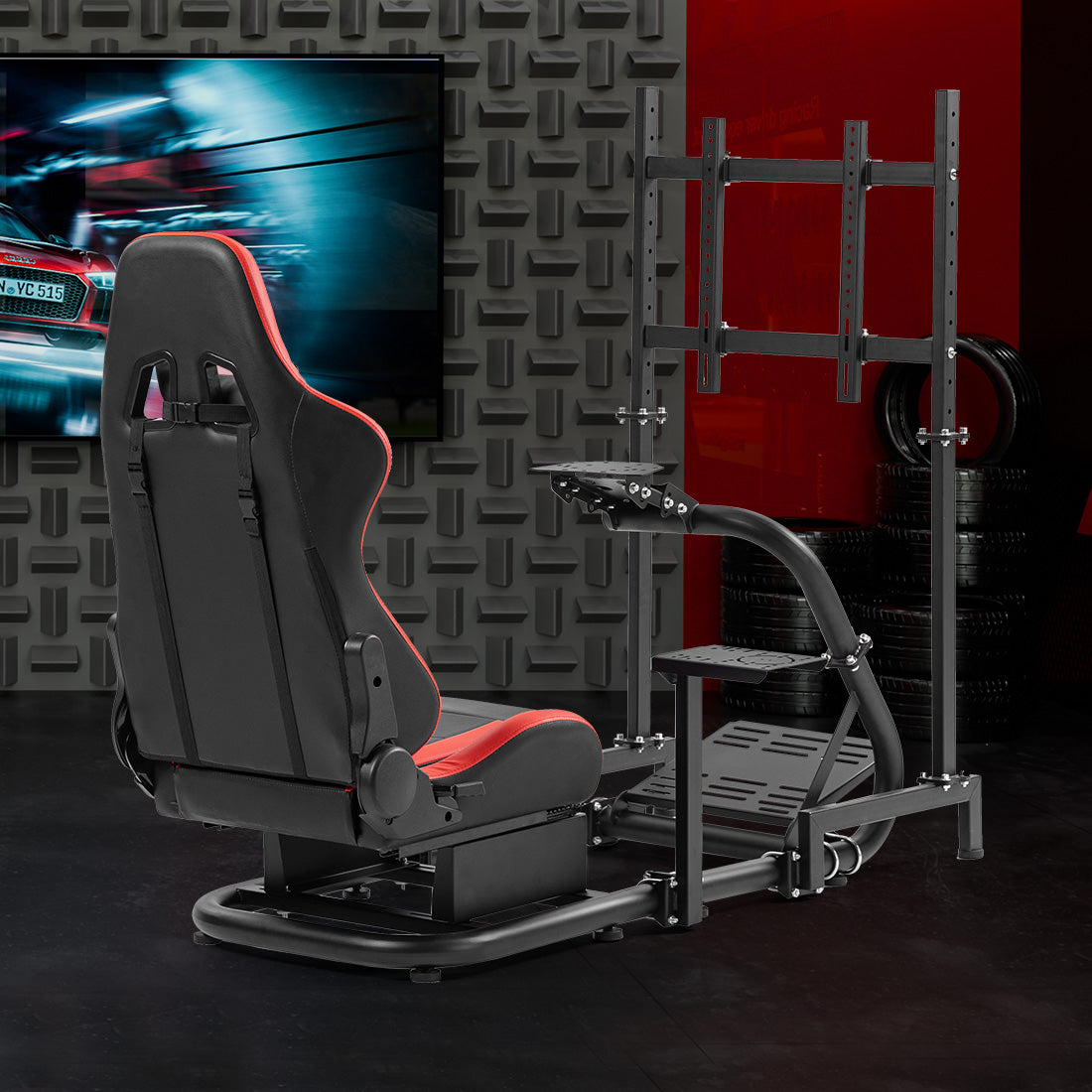 Zootopo Racing Cockpit with TV Stand &Red Seat Fit for Logitech,Thrustmaster G27 G920 T500 Wheel Shifter Pedals Not Included