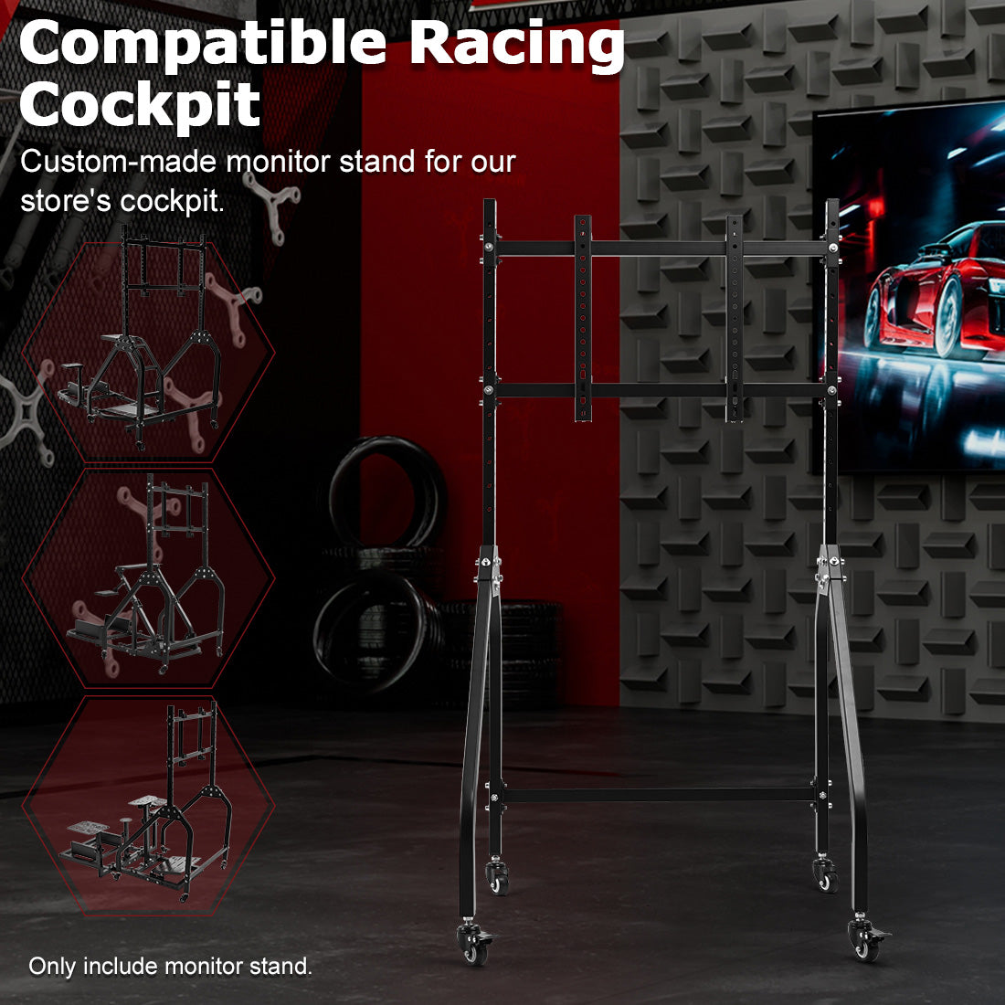 Zootopo Single Monitor Stand with Locking Casters Premium Adjustable Mount for Racing Simulator,Featuring Full Motion Control for 27-65 inch Monitors,Immersive Viewing Experience