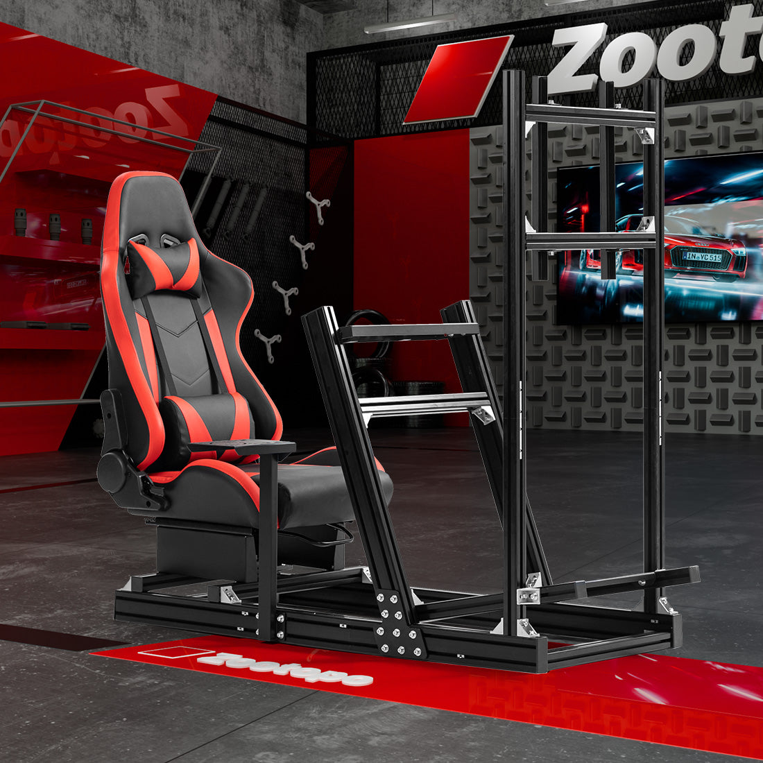 Zootopo 8040 Aluminum Profile Racing Simulaor Cockpit with Red Seat & Monitor Frame Fit for Logitech/Thrustmaster/Fanatec G920,G923&T80 Professional,F1 Trunk,No Handbrake,Pedals,Steering Wheel