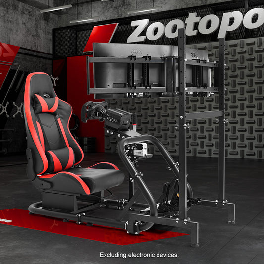 Zootopo Professional Racing Simulator Cockpit Frame with Red Seat&Triple Monitor Stand, Fit for Logitech G920/Thrustmaster/Moza, Shifter Platform Upgrade, No Wheel, Pedals, Handbrake and Monitor
