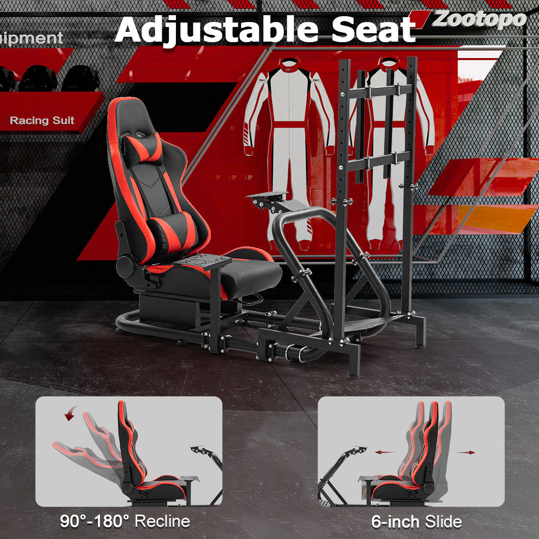 Zootopo Professional Racing Simulator Cockpit Frame with Red Seat&Monitor Stand, Fit for Logitech G920/Thrustmaster/Moza, Streamlined Dual-arm Design, No Wheel, Pedals, Handbrake and Monitor
