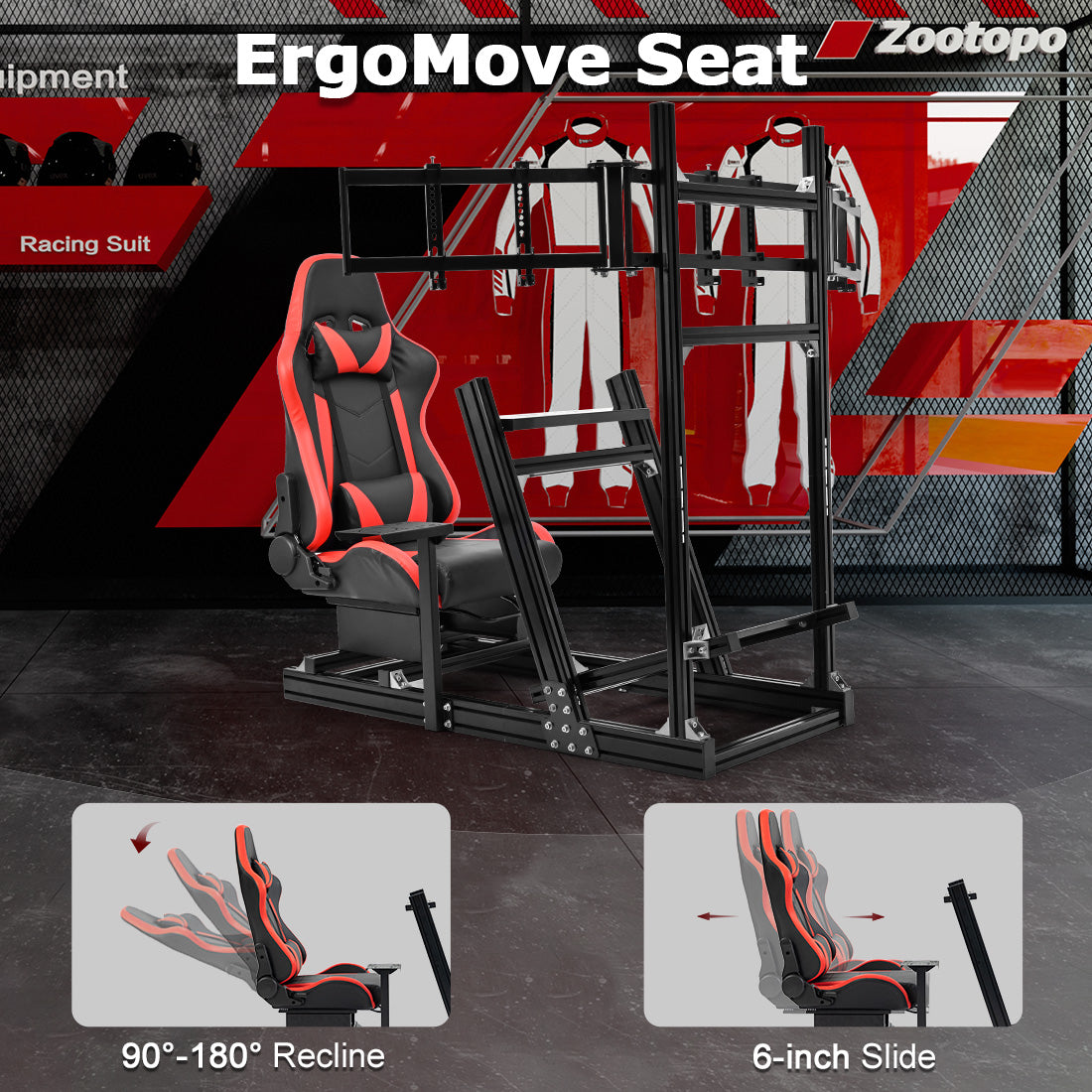 Zootopo 8040 Aluminum Profile Racing Simulaor Cockpit with Red Seat & Triple Display Stand Fit for Logitech/Thrustmaster/Fanatec G920,G923&T80 Professional,F1 Trunk,No Handbrake,Pedals,Steering Wheel