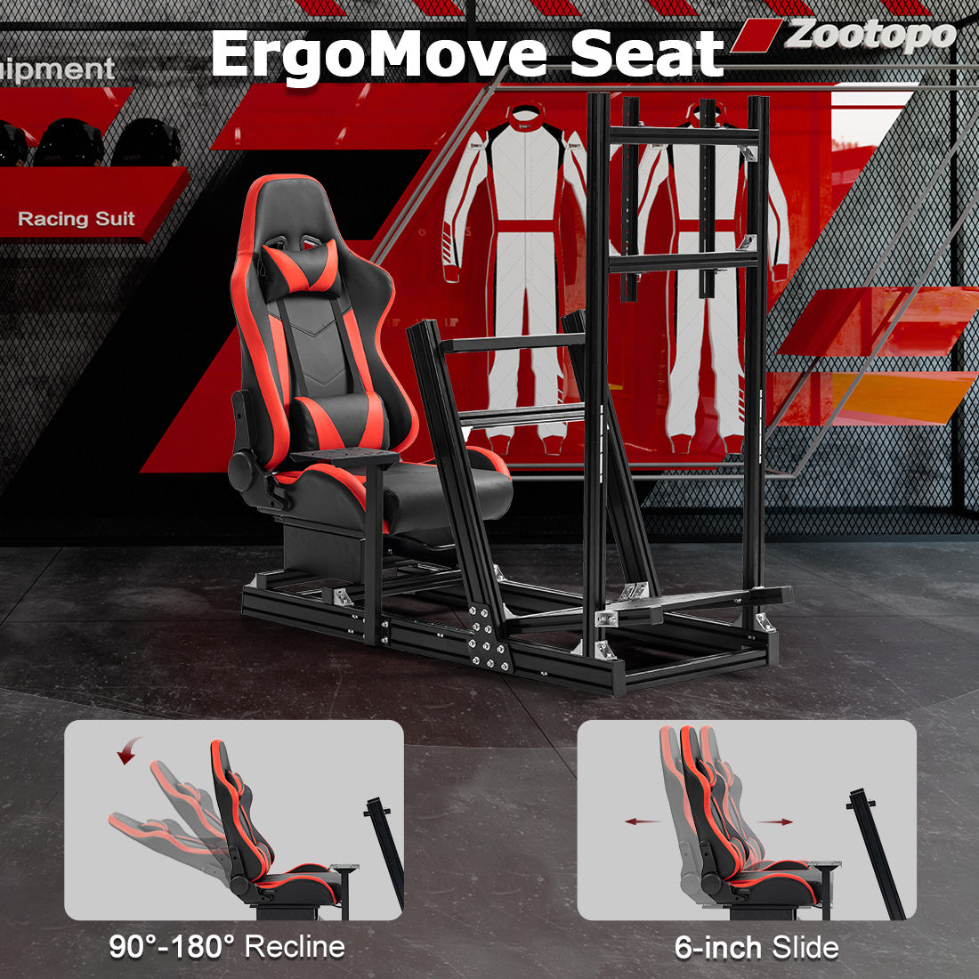 Zootopo 8040 Aluminum Profile Racing Simulaor Cockpit with Red Seat & Monitor Frame Fit for Logitech/Thrustmaster/Fanatec G920,G923&T80 Professional,F1 Trunk,No Handbrake,Pedals,Steering Wheel