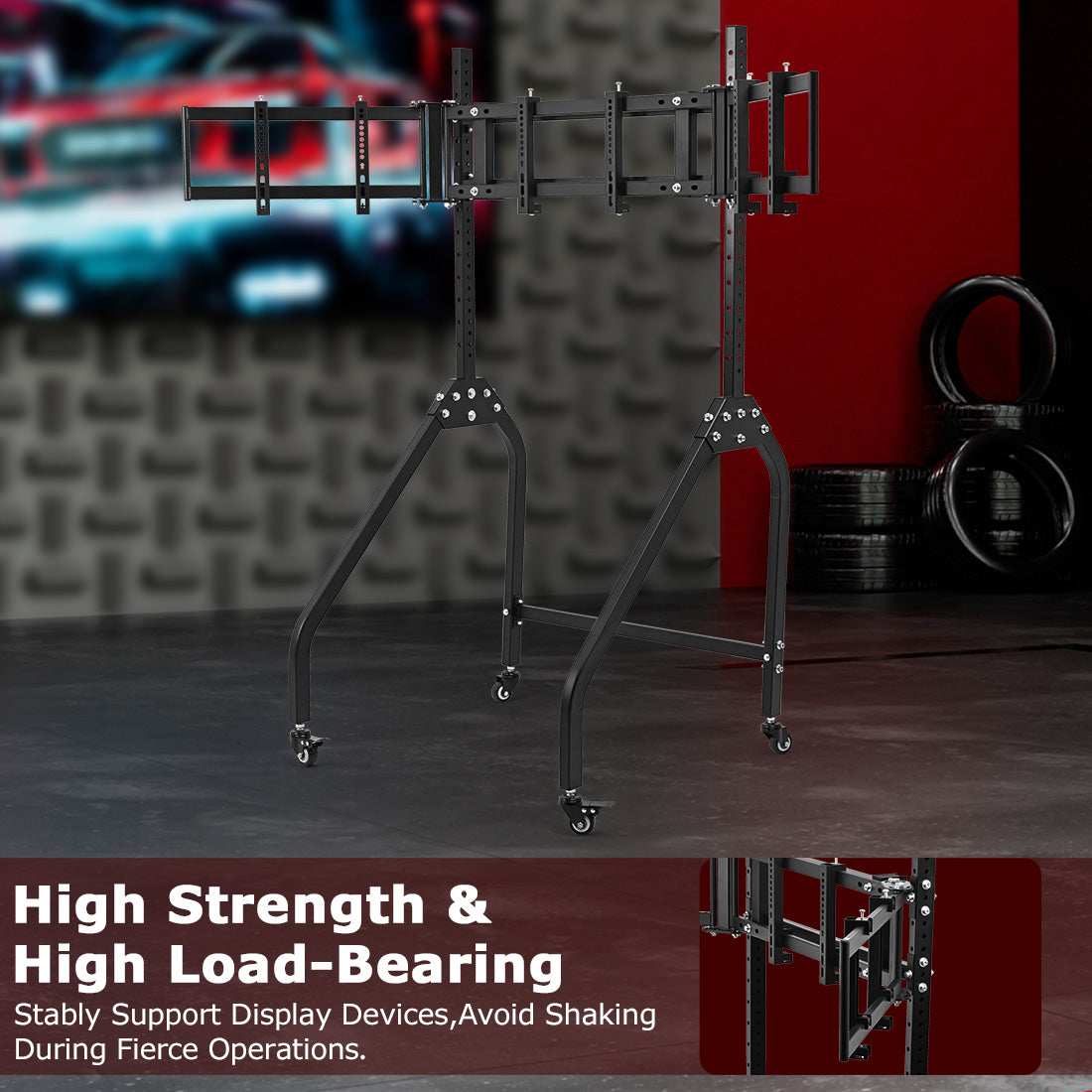 Zootopo Triple Monitor Stand with Locking Casters Premium Adjustable Mount for Racing Simulator,Featuring Full Motion Control for 27-32 inch Monitors,Immersive Viewing Experience