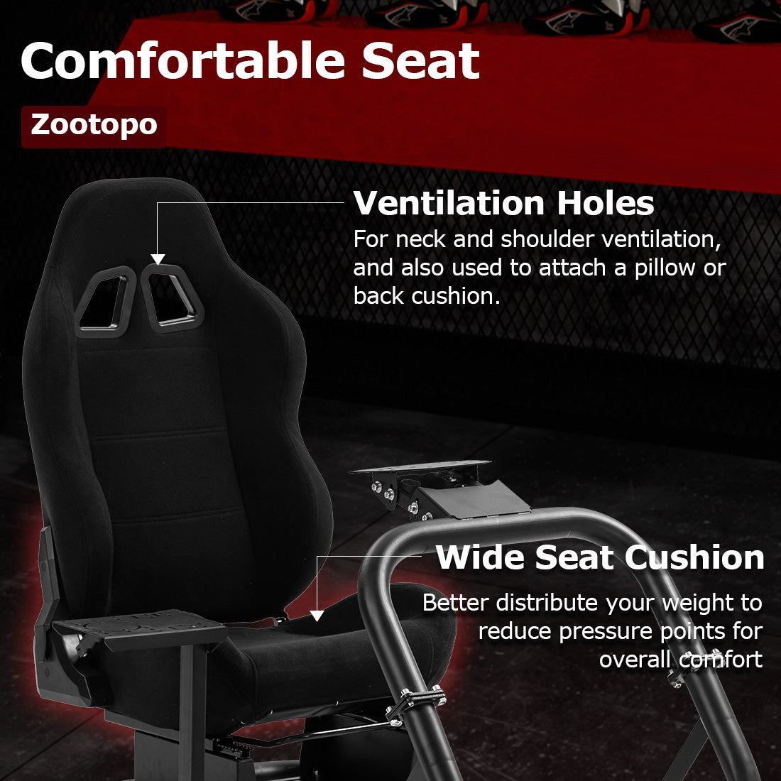 Zootopo Professional Racing Simulator Cockpit with Black Seat, Fit for Logitech G920/Thrustmaster/Moza, Streamlined Dual-arm Design, No Wheel, Pedals, Handbrake, and Monitor Stand