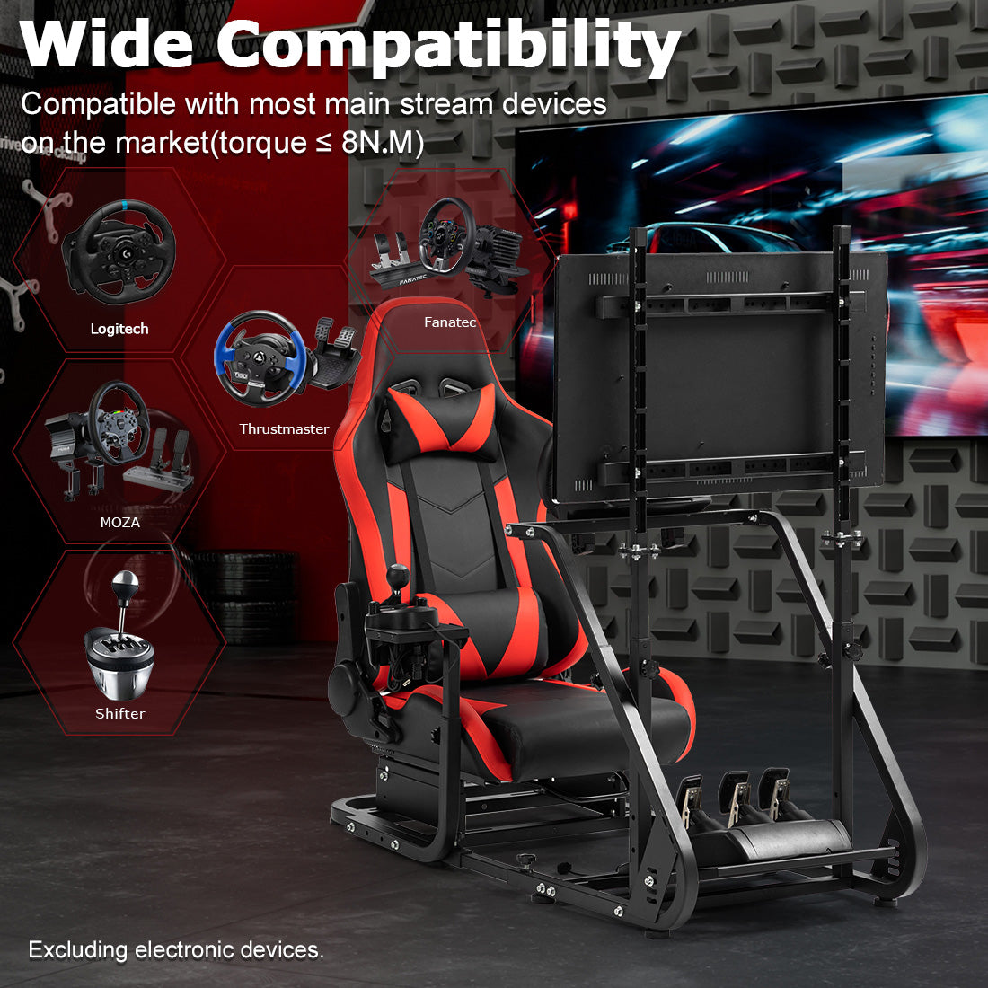 Zootopo Adjustable Sim Racing Cockpit with Red Seat Monitor Frame, Fit for Logitech/Thrustmaster/Fanatec G920 G923 G29 T80, Frame Double Arm Reinforcement, No Steering Wheel,Pedal,Handbra,Display