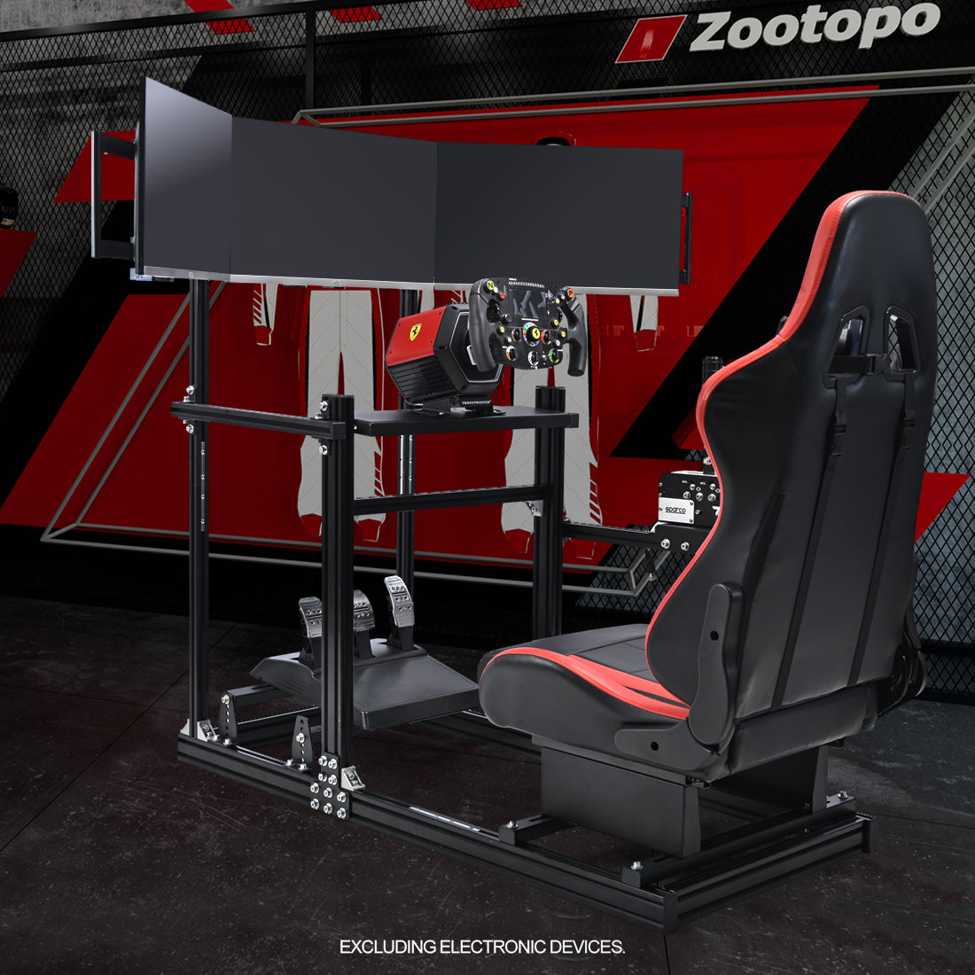Zootopo 3060 Aluminum Profile Racing Simulator Cockpit with Red Seat and Triple-monitor Setup, Fit for Thrustmaster,for Fanatec,for Logitech G29 , Adjustable Driving Simulator Cockpit, Does Not Include Steering Wheel, Pedals, or Handbrake