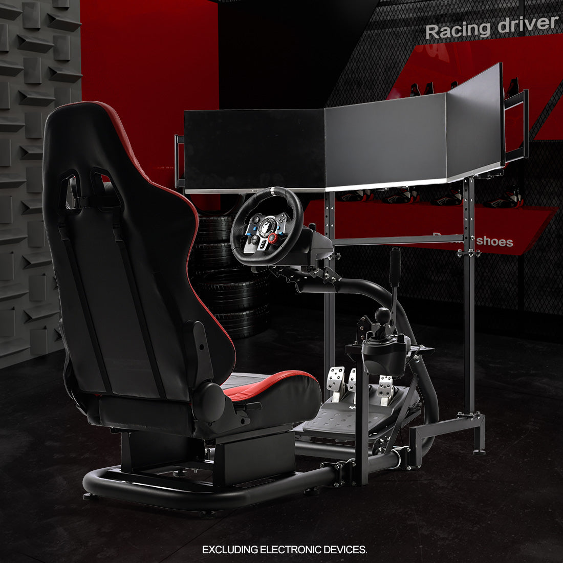 Zootopo Racing Simulator Cockpit with Triple Monitor Stand and Red Seat Suitable for Logitech/Thrustmaster T500RS TX G29 G920 G923 CSL-DD, Without Steering Wheel, Pedals, Handbrake