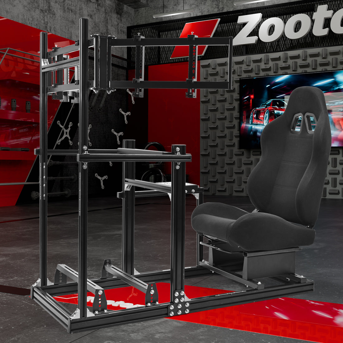 Zootopo 3060 Aluminum Profile Racing Simulator Cockpit with Black Seat and Triple-monitor Setup, Fit for Thrustmaster,for Fanatec,for Logitech G29 , Adjustable Driving Simulator Cockpit, Does Not Include Steering Wheel, Pedals, or Handbrake