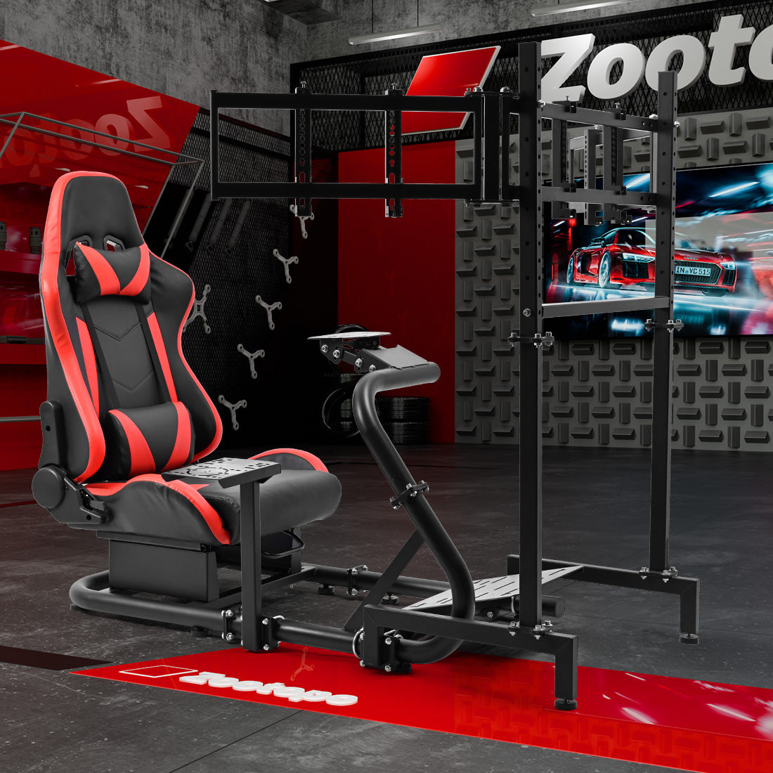 Zootopo Racing Simulator Cockpit with Triple Monitor Stand and Red Seat Suitable for Logitech/Thrustmaster T500RS TX G29 G920 G923 CSL-DD, Without Steering Wheel, Pedals, Handbrake