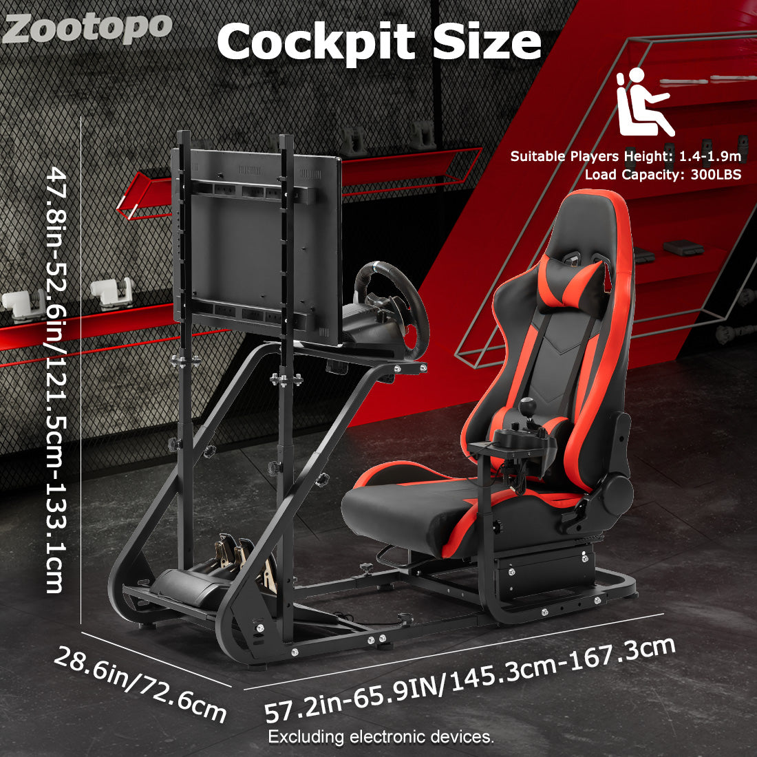 Zootopo Adjustable Sim Racing Cockpit with Red Seat Monitor Frame, Fit for Logitech/Thrustmaster/Fanatec G920 G923 G29 T80, Frame Double Arm Reinforcement, No Steering Wheel,Pedal,Handbra,Display