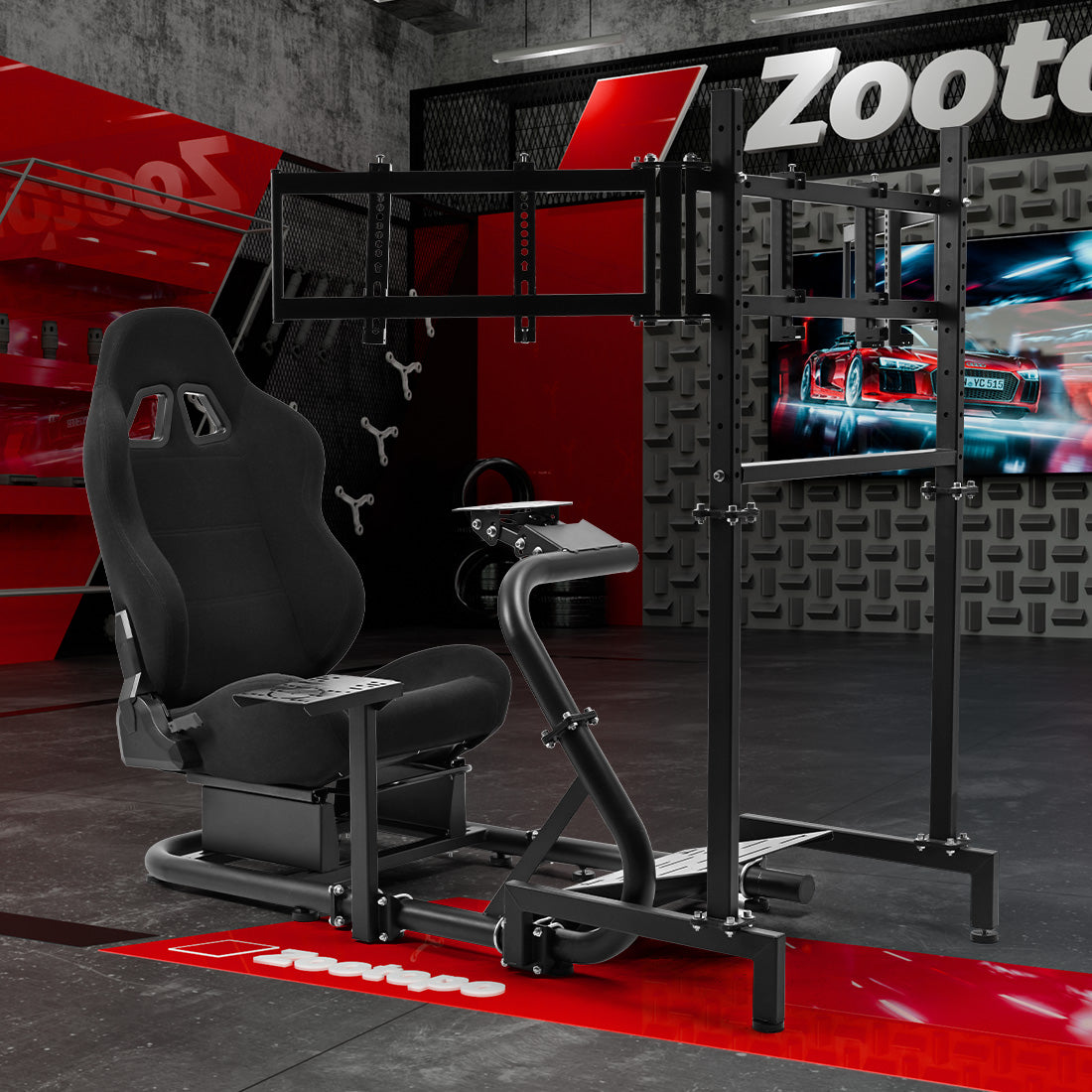 Zootopo Racing Simulator Cockpit With Triple Monitor Stand and Black Seat Suitable for Logitech/Thrustmaster T500RS TX G29 G920 G923 CSL-DD, Without Steering Wheel, Pedals, Handbrake