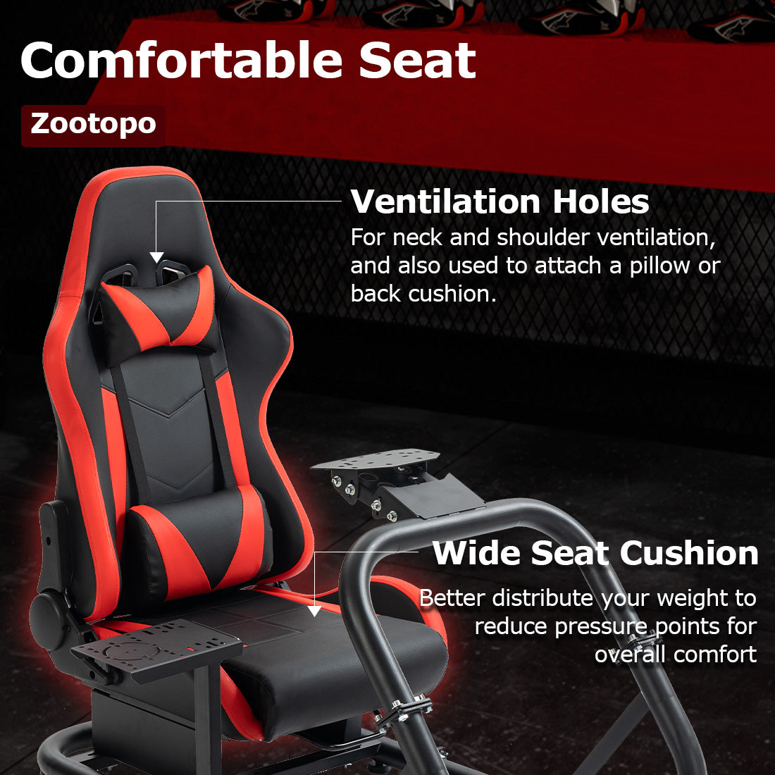 Zootopo Professional Racing Simulator Cockpit Frame with Red Seat, Fit for Logitech G920/Thrustmaster/Moza, Streamlined Dual-arm Design, No Wheel, Pedals, Handbrake and Monitor Stand