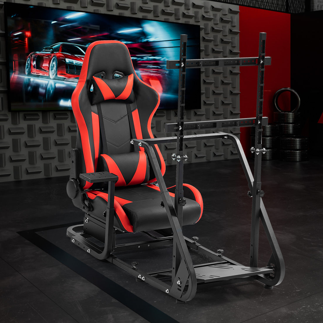 Zootopo Adjustable Sim Racing Cockpit with Red Seat Monitor Frame, Fit for Logitech/Thrustmaster/Fanatec G920 G923 G29 T80, Frame Double Arm Reinforcement, No Steering Wheel,Pedal,Handbra,Display