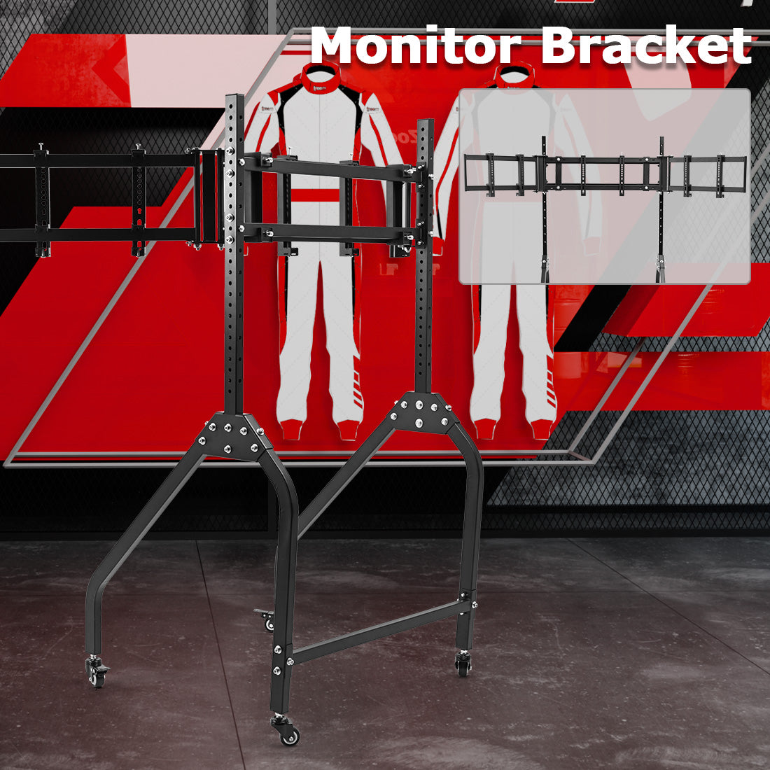 Zootopo Triple Monitor Stand with Locking Casters Premium Adjustable Mount for Racing Simulator,Featuring Full Motion Control for 27-32 inch Monitors,Immersive Viewing Experience