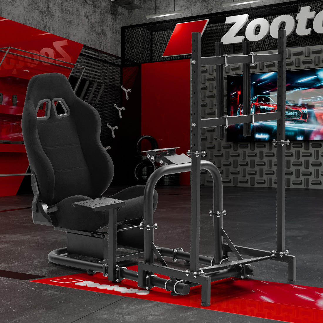 Zootopo Adjustable Racing Cockpit with TV Stand Black Seat Fit for Logitech,Thrustmaster,Fanatec,G920,T500,Wheel Shifter Pedals TV NOT Included