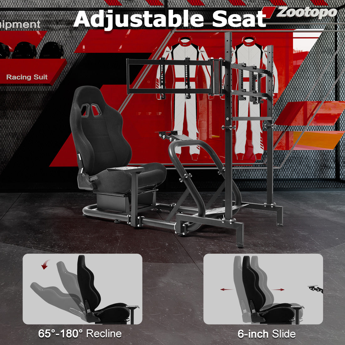 Zootopo Professional Racing Simulator Cockpit Frame with Black Seat&Monitor Stand, Fit for Logitech G920/Thrustmaster/Moza, Shifter Platform Upgrade, No Wheel, Pedals, Handbrake and Monitor